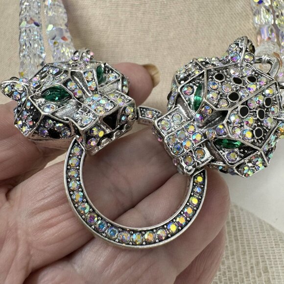 Vintage Rhinestone Panther Clasp Clear Crystal Bead Necklace - Picture 6 of 13